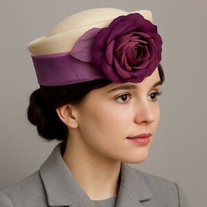 Georgette Cream Felt Fascinator Hat Sheer Purple NWT Rose Flower Elegant Vintage